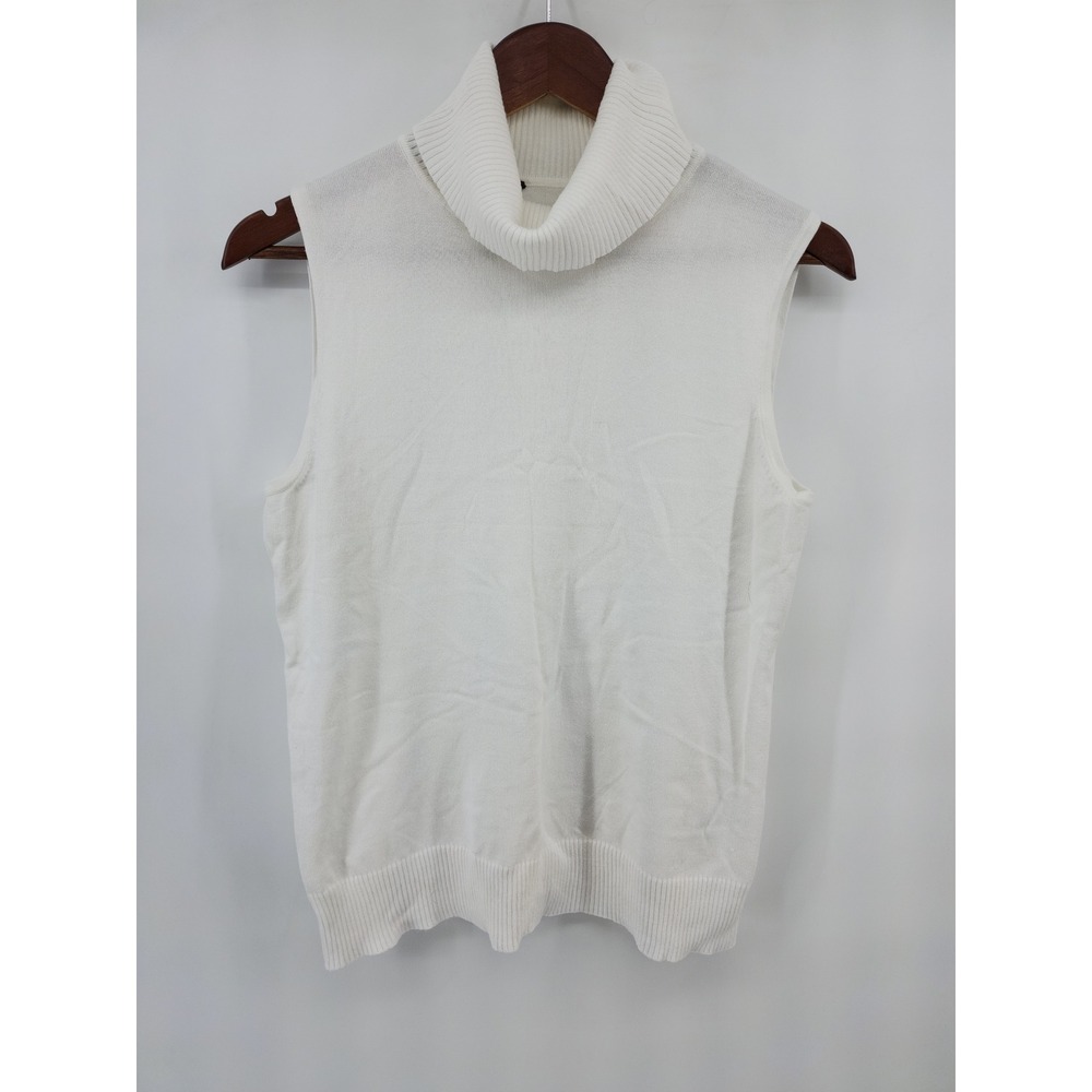 White Sleeveless Turtleneck Knit Sweater Vest Rayon Blend Ribbed‎ Trim RN